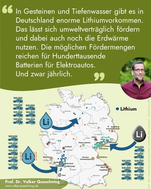 Statistik und Text: In Gesteinen und Tiefenwasser gibt es in eutschland enorme Lithiumvorkommen. Das lässt sich umweltverträglich fördern und dabei auch noch die Erdwärme nutzen. Die möglichen Fördermengen reichen für Hunderttausende Batterien für Elektroautos. Und zwar jährlich.